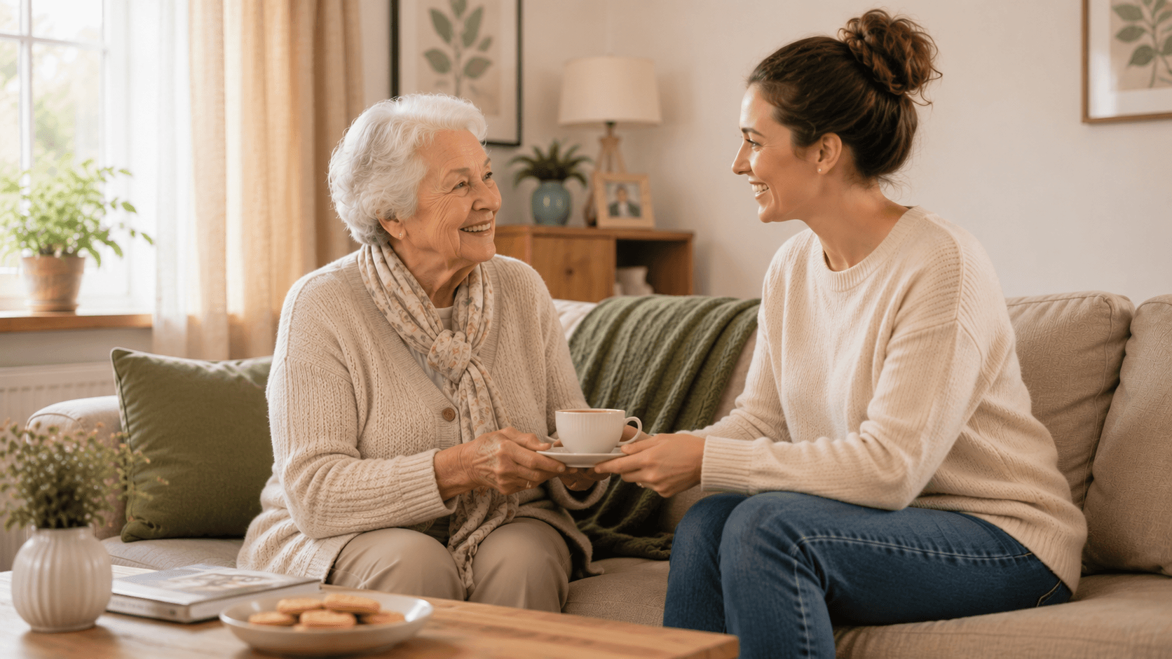 An older woman and a companion sharing tea together in a warm home